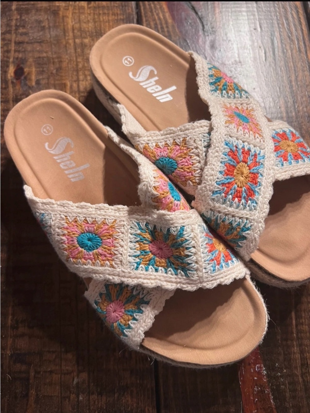 SHEIN Cream Crochet Crossband Mules with Multicolor Embroidery Size 11